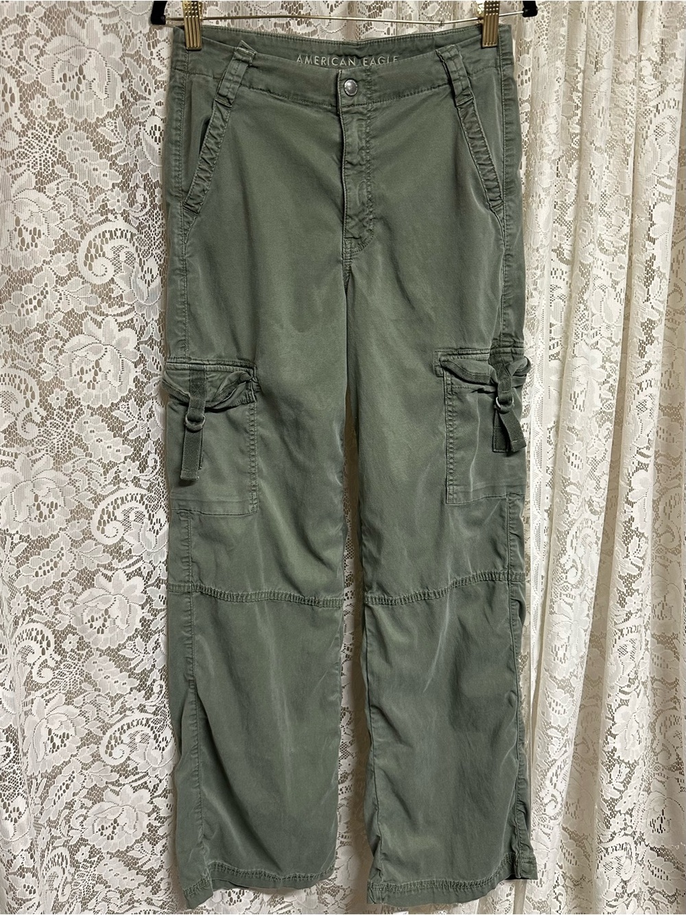 American Eagle Green Cargo Super High Rise Baggy Wide Leg Pants